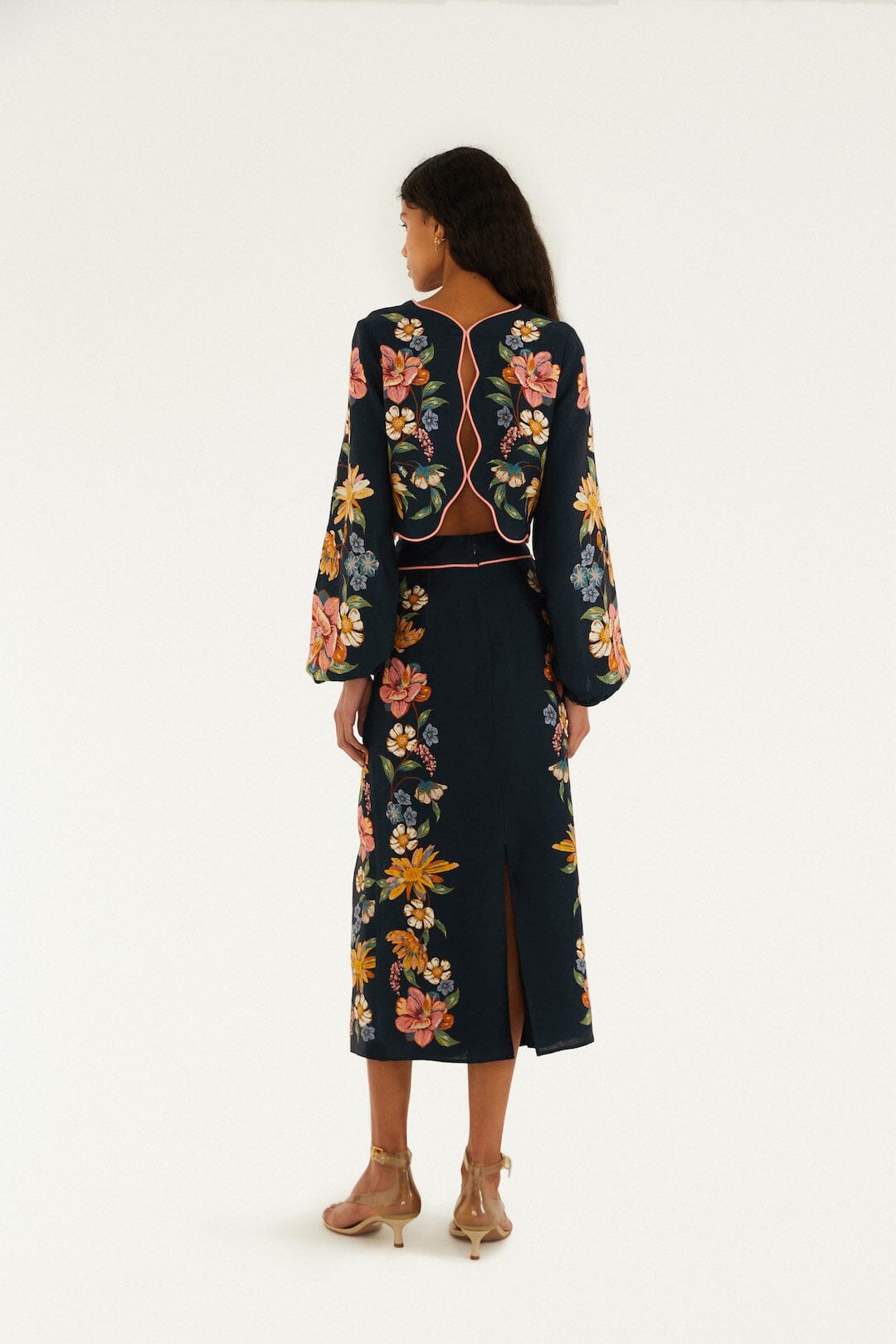 Dark Blue Maira Floral Euroflax™ Premium Linen Midi Skirt