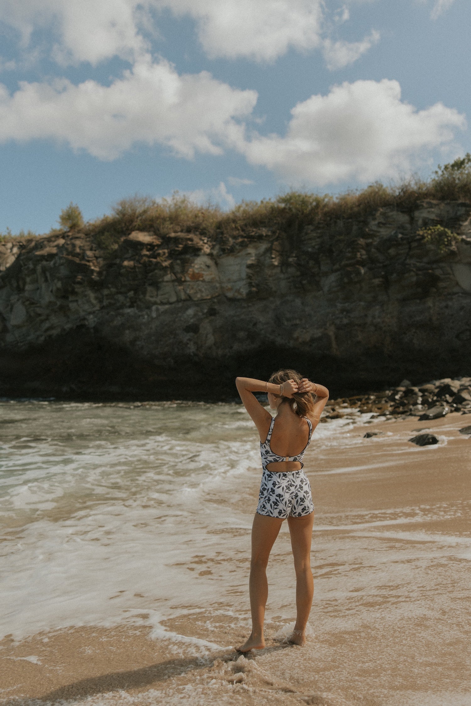 Aruba Bodysuit | White & Black Floral Open Back Swim Bodysuit with Shorts