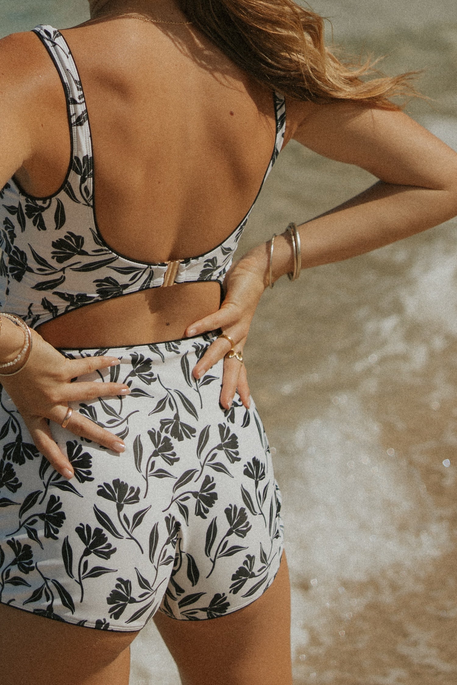 Aruba Bodysuit | White & Black Floral Open Back Swim Bodysuit with Shorts