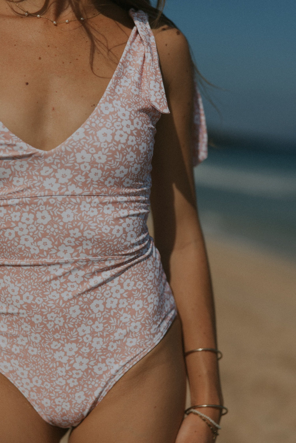 Blush One Piece Swimsuit | Pale Pink Floral V-Neck Tie Strap One Piece