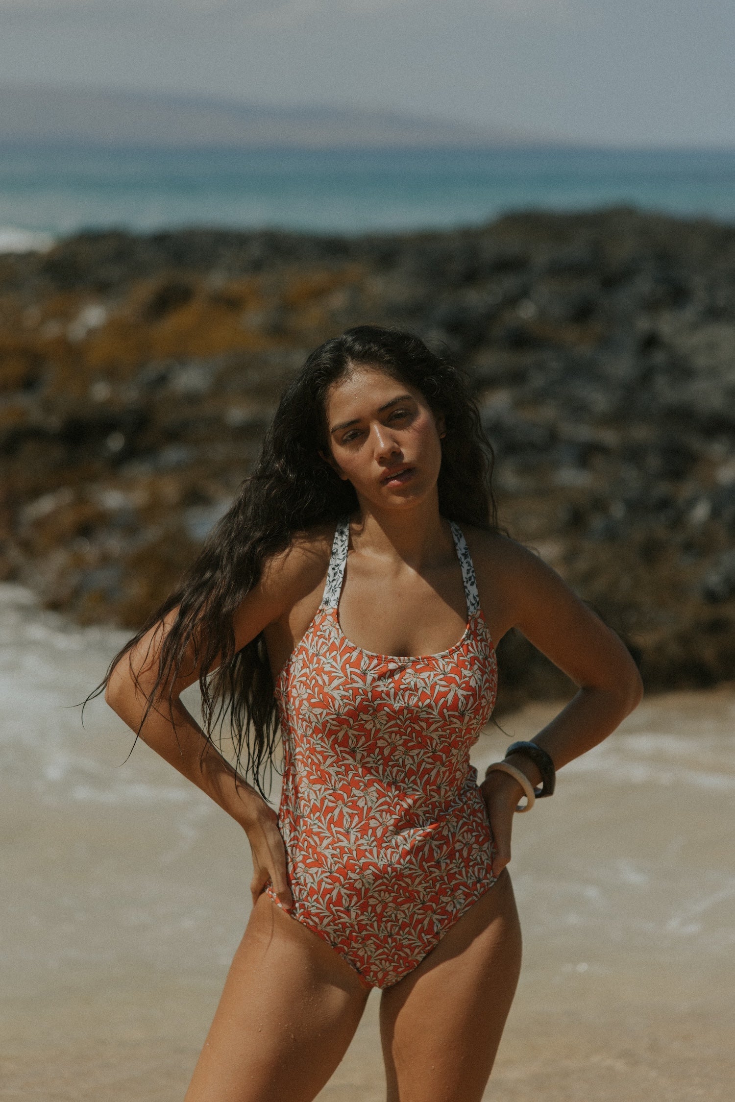 Calypso One Piece Swimsuit | Halter Neck Open Back Floral One Piece
