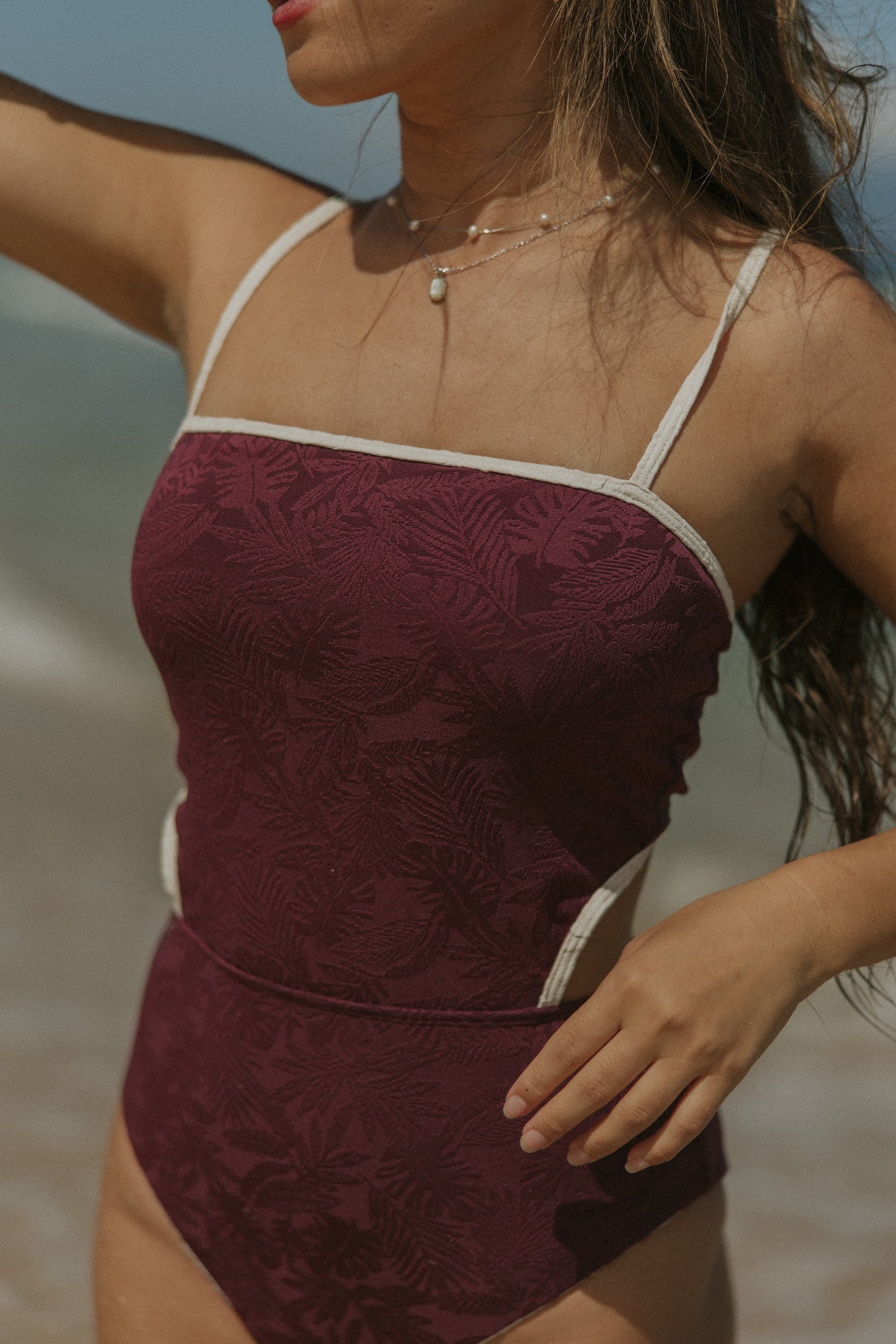 Venus One Piece Swimsuit | Burgundy Floral Textured One Piece Swimsuit